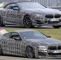 BMW M850i カブリオレ(上段)とクーペ(下段)をスクープ。フロントマスクのデザインにも差別化が見られる
