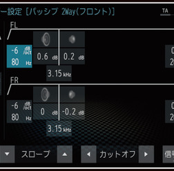 『ダイヤトーンサウンドナビ』における、“マルチウェイ・タイムアライメント”使用時の“クロスオーバー”の設定画面。