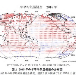 2015 年の年平均気温偏差の分布図