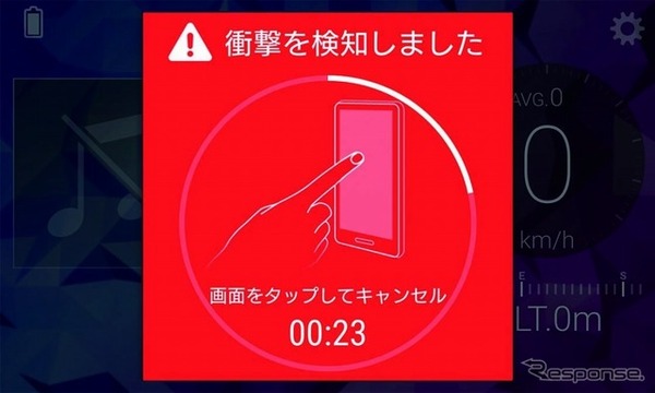 強い衝撃を検知すると車載器のイルミネーションの光と音で警告し、一定時間操作が無い場合に登録された宛先へ自動的に発信もしくはメッセージを送信するドライブサポート機能