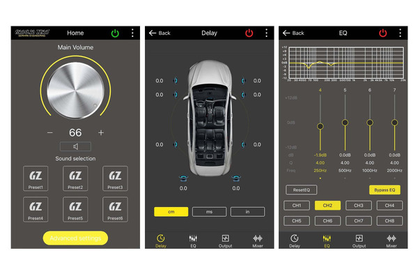 『GZDSP 4-8X』用のチューニングアプリ『GZDSP 4-8X Control』の調整画面。