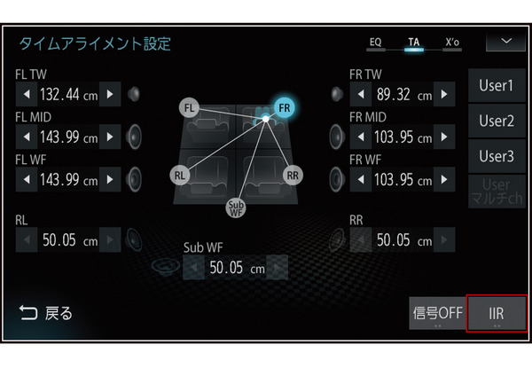 「タイムアライメント」機能の設定画面の一例（三菱電機・ダイヤトーンサウンドナビ）。