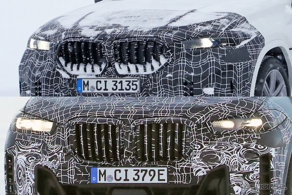 BMW X6（上） とX5（下）改良新型プロトタイプのフロントマスク（スクープ写真）