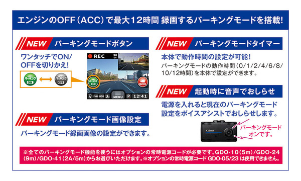 エンジンOFFで最大12時間録画、パーキングモード対応