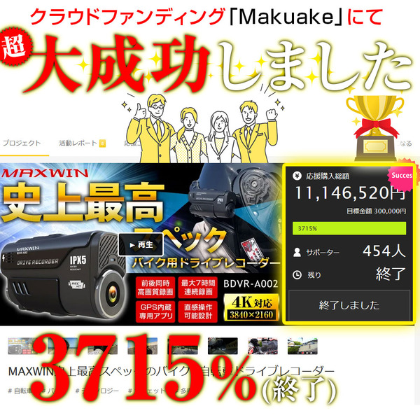 クラウドファンディング『Makuake』にて大成功を収めたMAXWINの新商品