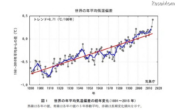 世界の年平均気温偏差の経年変化（1891～2015 年）