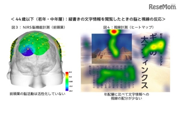 若年・中年層：縦書きの文字情報を閲覧した時の脳と視線の反応