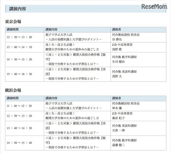 東京・横浜会場の講演内容