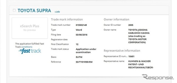 トヨタがEUIPO（欧州連合の知的財産庁）にスープラの名前を商標登録