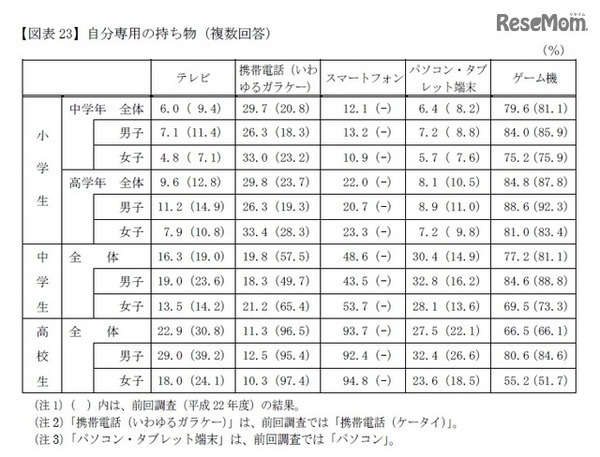 自分専用の持ち物（複数回答）