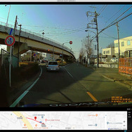 記録したデータに対応した専用のPCソフト「KENWOOD ROUTE WATCHER II」。各種データと同時にリアカメラの映像も右上のサブモニターに表示される