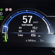 箱根峠から平地まで駆け下りた結果、EVレンジは15.7kmに。ここから西湘バイパスを走行し、再びハイブリッドドライブになるまで18.9km走行できた。EV走行時はメーターゲージの青い部分が全体の4分の3を占めている。フルパワー時にはエンジンがかかるが、4分の3まででも体感的にはゆうに出力100kWは超えているように思えた。