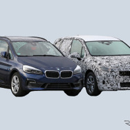 BMW 2シリーズアクティブツアラー の現行型（左）と次期型プロトタイプ（スクープ写真）