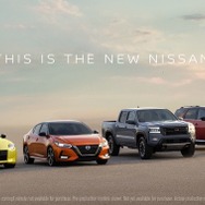 米日産の新型車。左からフェアレディZプロトタイプ、セントラ、フロンティア、パスファインダー（2021年4月）。