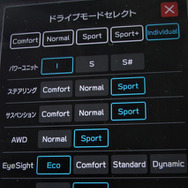 STIスポーツはショックアブゾーバーの減衰力、エンジンのスロットル特性、ステアリング特性等々を切り替え可能。写真はユーザーのお好みモードで、筆者は基本的に写真の組み合わせで走った。