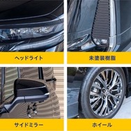 タイヤ以外のほとんどのエクステリアとインテリアの未塗装樹脂部に使用OK