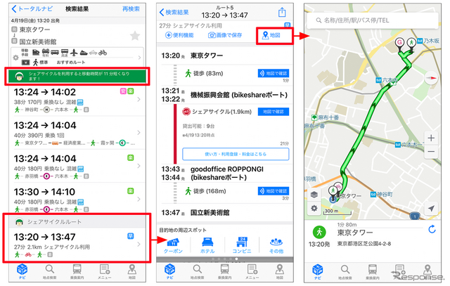 電車・バス・徒歩・自転車を使用したルート検索結果が表示され、結果的にはシェアサイクルでの移動が最短となりました